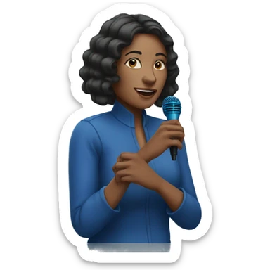 A woman with a blue mic doing thé v with her fingers sticker