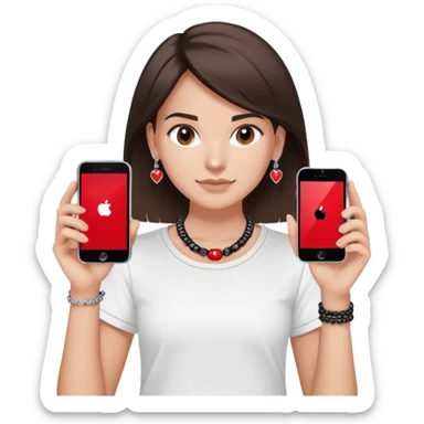 brunette girl with wavier medium length hair, brown eyes, light/medium skin tone, holding two phones - one iPhone and one plain black phone without Apple logo, wearing red Adidas t-shirt, simple silver hoop earrings, and a colorful beaded charm necklace sticker
