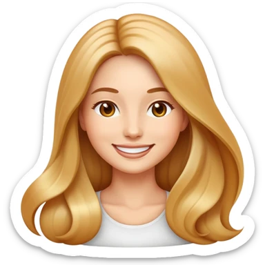 Emoji-style illustration of a beautiful woman with long, shiny, healthy hair, smiling, on a perfectly white rounded background. The emoji should be clean, minimalist, and in high-resolution, similar to Apple emoji style. Her hair should look smooth, soft, and luxurious, symbolizing good hair care. The background should be round and pure white to highlight the face and hair. sticker