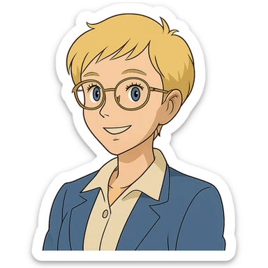 ghibli style blonde teacher with pixie haircut, gold glasses, blue eyes, big eyelashes, nice smile sticker