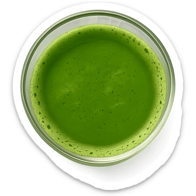 a clear glass of matcha tea, top-down view, bright green tea, transparent glass, clean look sticker