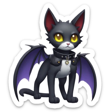   cool edgy beautiful anime-style ethereal dark-punk-themed animal vampiric cat-hybrid Fakemon with fangs and bat-wing-ears with a collar full body sticker