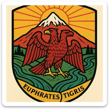 A crest design featuring a snowy mountain on another mountain, a double-headed eagle with one head facing left, two rivers called Euphrates and Tigris flowing beneath, the sun in the background, and a color scheme dominated by yellow, red, and green. sticker