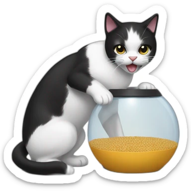 A black and white cat fighting with a pet feeder machine sticker