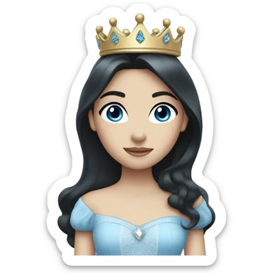 Princess with long black hair, blue eye, and pale skin wearing a light blue dress and crown sticker