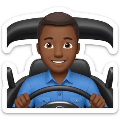 ["Black male driver, wearing a blue shirt, hands on steering wheel."] sticker