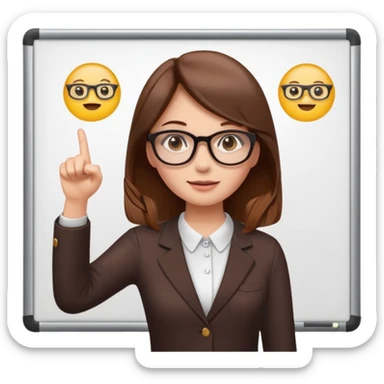 Make an emoji of a girl with brown hair who is teaching how to make emojis on a board pointing to the board like a teacher sticker