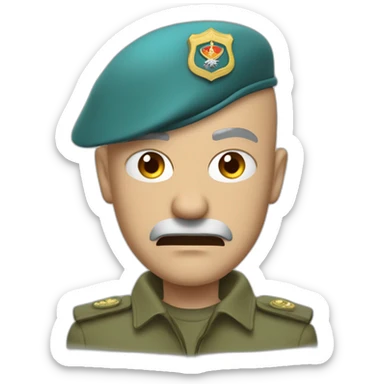 Hight detail cyan beret bald angry 50 years old man no hair furious very angry frown with khaki idf uniform sticker