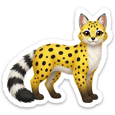 Lanky slender beautiful elegant spotted hype-realistic, black-maned, vibrant yellow Genet-Serval-Civet-fusion-hybrid-furry-fursona, full body, with a long puffy fluffy black-and-white-striped tail sticker