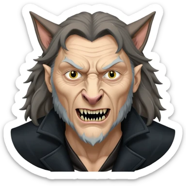 Fenrir Greyback in harry potter, black open chest coat, wolf face, pointed ear, bared teeth sticker