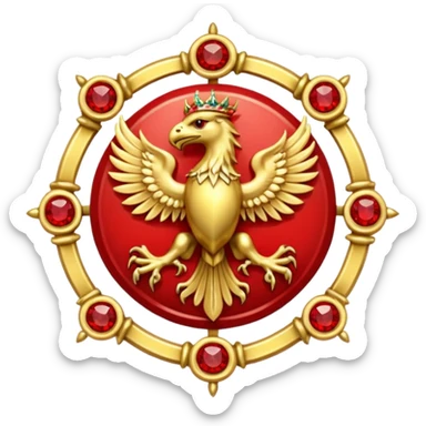 Golden griffin crest / brosch in a circle with red gems and no background sticker