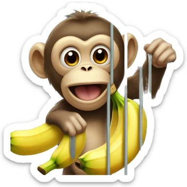 The monkey's outside. Banana inside the cage.  Monkey trying to get the banana out of the cage sticker