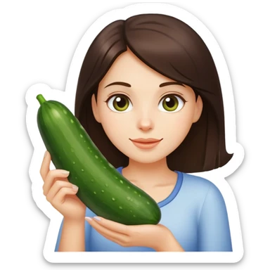 brunette holding a cucumber with a bunch of milk sticker