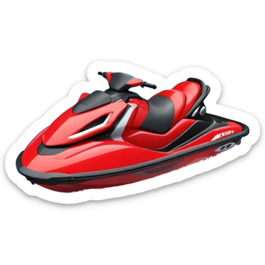 jet ski (red black and white all in the same amount. maybe a red a bit more dominant) on the sea. show the sea under the jet ski - blue with turquoise. no sky - white background instead. DO NOT REMOVE THE SEA AND THE WHITE WHEN FINALIZING!  NO ONE IS ON THE JET SKI  sticker