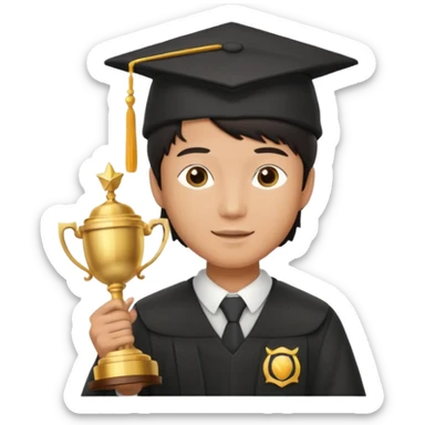 An asian man wearing student hat, holding a trophey sticker