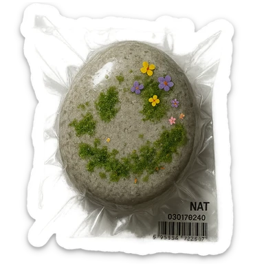 smooth light gray stone with patches of moss and scattered small colorful flowers, glossy sticker