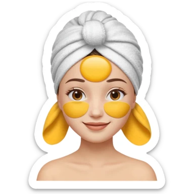 3D emoji style woman with towel head wrap, under-eye patches, smiling softly, clean girl skincare aesthetic, soft studio lighting, smooth skin texture, minimalist beige background, high resolution, PNG sticker