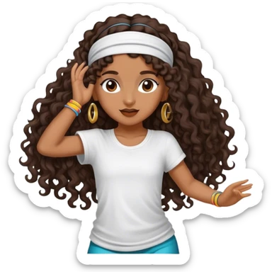 Dancing brown girl with long darn brown curly hair with headband hip hop sticker