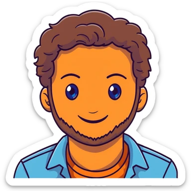 Lebanese man with one blue eye and one brown eye, light beard, kind smile, blue shirt, brown longish wavy hair sticker