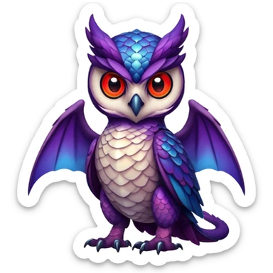 Owl dragon hybrid front facing full body dark purple and blue and red sticker