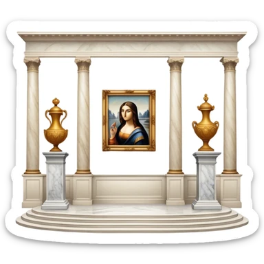 An icon featuring an elegant art gallery with classic paintings hanging on the walls, and sculptures displayed on pedestals. Visitors admire the exhibits, capturing the essence of culture, history, and art. Set against a transparent background. sticker