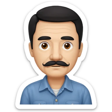 Old man with black hair and eyes mustache and working shirt sticker