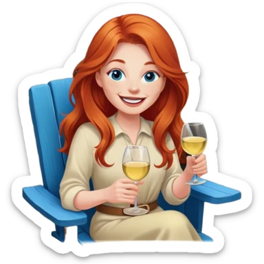 Laughing redhead with long hair and blue eyes holding white wine sitting in chair beside fire pit sticker