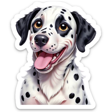 Cinematic Comical Spotted Dalmatian Portrait Emoji, Head tilted dramatically with an exaggeratedly shocked or amused expression, featuring a striking Fur of predominantly white with vivid black patches, wide, expressive eyes filled with playful disbelief, Simplified yet hilariously expressive features, highly detailed, glowing with a slightly sassy glow, high shine, dramatic yet playful, stylized with an air of cheeky charm, bright and endearing, soft glowing outline, capturing the essence of a spirited and over-the-top guardian, so meme-worthy it feels like it could side-eye its way into internet fame instantly! sticker