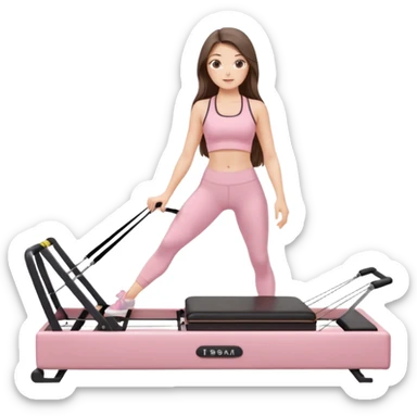 pretty white brunette teen long hair with hazel eyes and a small waist in light pink workout clothes on a pilates reformer sticker