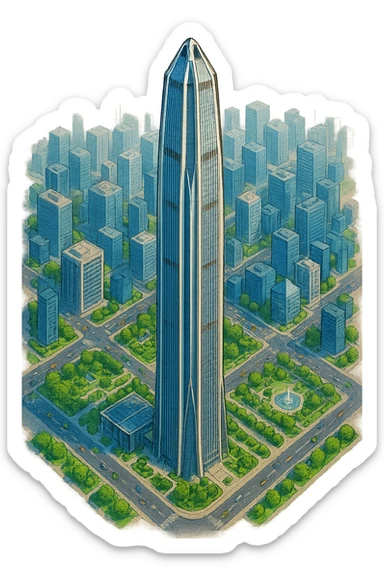 Изометричная, яркая, детализированная, объемная и фотореалистичная иллюстрация башни Ping An International Finance Centre. В стиле 3D-коллажей городов, насыщенные цвета, аккуратные и чёткие линии, мультяшно-реалистичная стилистика. Чёткие контуры, не размазанные линии, высокое качество, прозрачный фон, не обрезать края картинки sticker