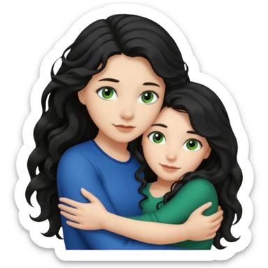 Компанія дівчат троє одна дівчина з чорним волоссям хвилястим довгим карими очима, друга з блондинистим довгим волоссям блакитними очима, третя з темним каштановим волоссям і зеленими очима, вони усі обіймаються sticker