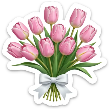 a bouquet of light pink tulips w a white bow sticker