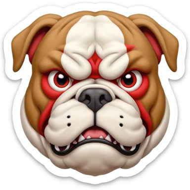 Create a fierce bulldog head emoji facing forward.
Strong jaw, deep wrinkles, and an intense scowl.
Small folded ears, sharp focused eyes, slight underbite with two visible fangs.
Style: modern esport mascot — clean lines, high contrast, intimidating but iconic.
Transparent background. sticker