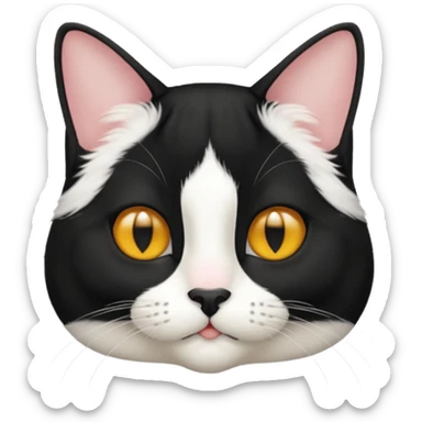 A tuxedo cat, top half body, a black mark near his mouth under the nose sticker
