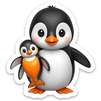 A cute penguin doll holding an orange fish doll in its hands.
A house of ice behind it. sticker