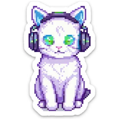 a cat wearing headphones, pixel art style sticker