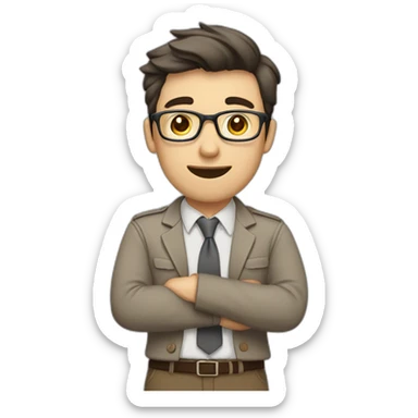 To belt Actively gesturing with hands 👌 Pale skinned fit man with dark brown hair in gray jacket, beige office shirt, brown tie, brown pants and vintage glasses. sticker