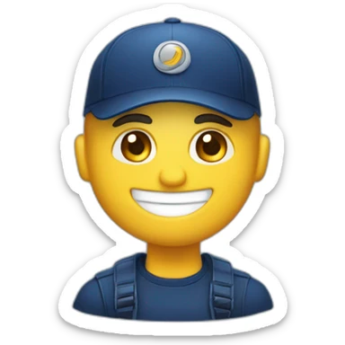 Quiero un emoji sonriendo que tenga una gorra azul marino y que tenga escrito Proyectos Anyjo sticker