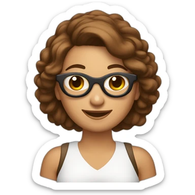 mujer feliz con piel blanca con gafas cabello en el hombro y de color marron con un computador en la mano sticker