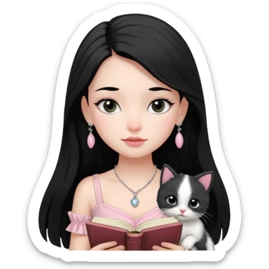 Menina branca ,cabelos cor preta longos, olhos cor preta puxados para cima. Cílios longos, lábios grossos ,nariz pequeno ,vestido rosa claro de alça. Colar e brinco delicado. Lendo um livro com gatinho preto e branco. sticker