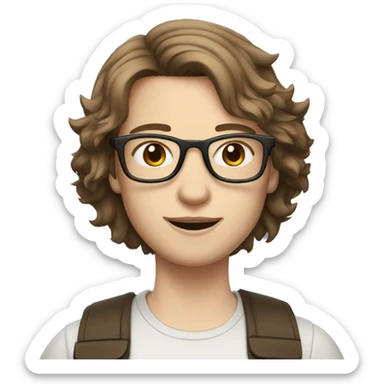 pale skin, medium length brown wolfcut hair, glasses sticker