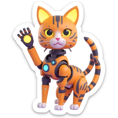 3D cat girl hybrid, robotic limbs, glowing accents, cat ears and tail, sci-fi background sticker