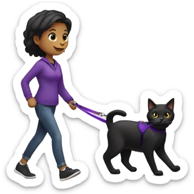 Black cat with a purple leash going for a walk with a dark hair female  sticker