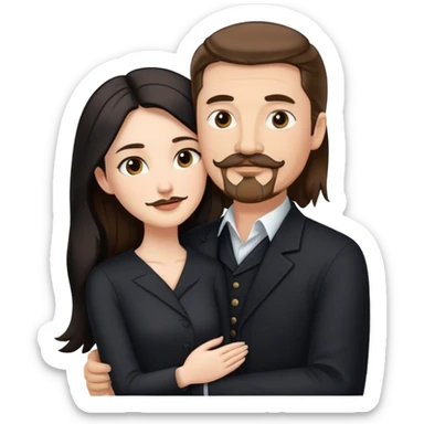 tall white man with brown hair goatee mustache hugging a pale woman with long black hair, wearing elegant clothing sticker