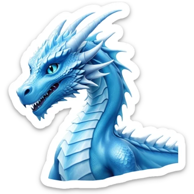 Cinematic Noble very elegant slender Ice Dragon Portrait Emoji, Poised and imposing, distinct long elegant snout, with a slender, scaled body shimmering in glacial hues of icy blue, frostbitten silver, and crystalline white, breathing out frost, with piercing, glowing ice blue white eyes that radiate the chilling depths of an arctic storm; rendered in detail. excuding wisdom sticker