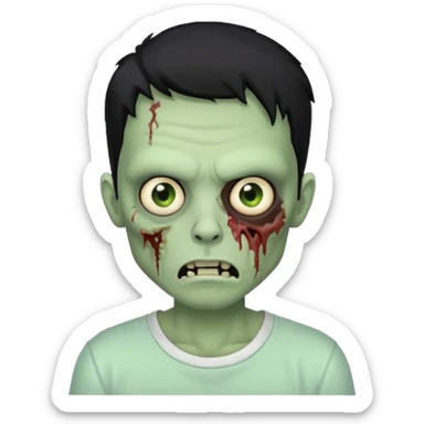 Rosto de frente classico de zombie boca meio torta cabelos pretos no corte low fade com pele verde clara camiseta branca sticker