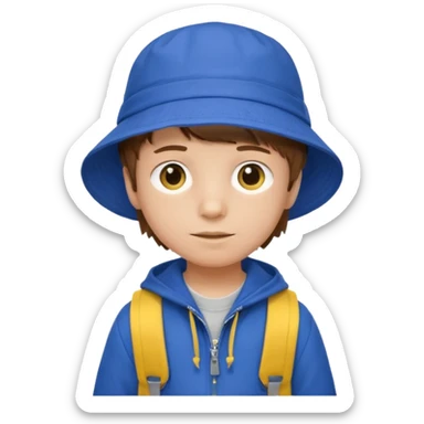 Little student, brown hair boy, wears blue bucket hat and jacket, yellow backpack, shy sticker