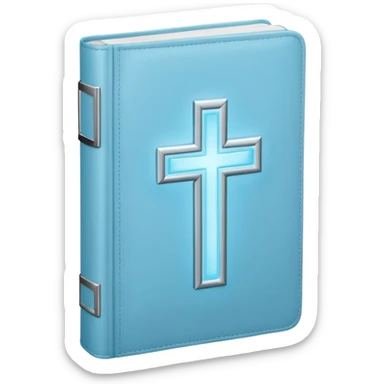 a emoji pastel baby blue bible with a silver cross glowing  sticker