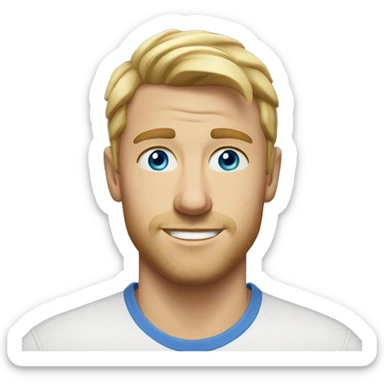 A head and shoulders shot of a 33 year old White man, with short blonde hair,   with blue eyes wearing a t-shirt. sticker