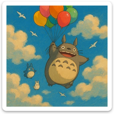Totoro floating high in the sky, joyfully holding onto a bunch of colorful balloons, with small Totoros trailing behind him and fluffy clouds parting around them as birds fly nearby. sticker